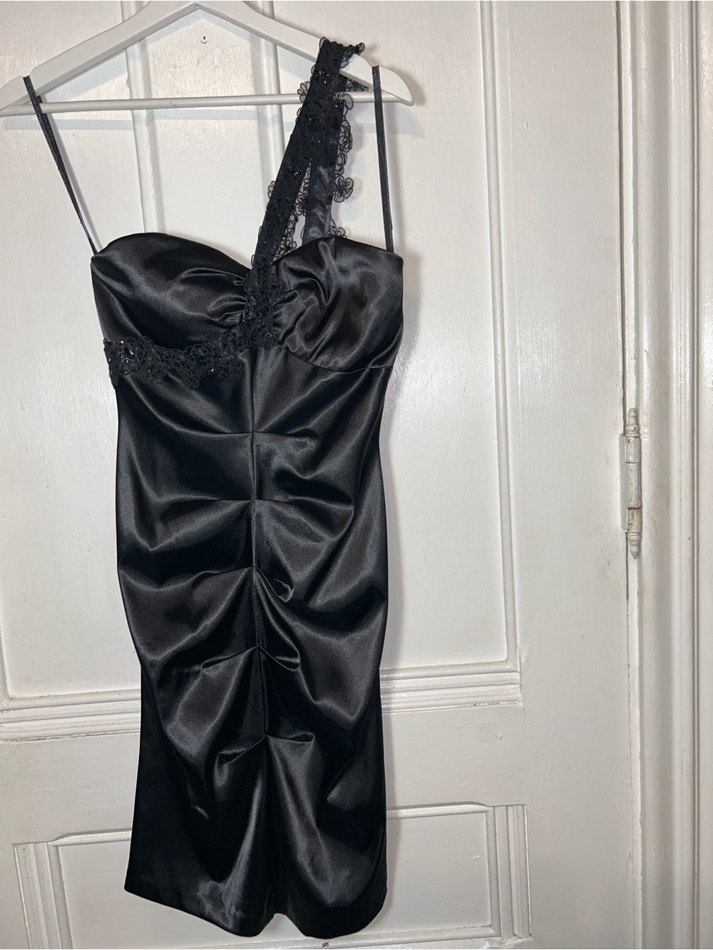 Vintage Jump Apparel Y2K Black Satin Sequin Ruched Zip One Strap Dress
